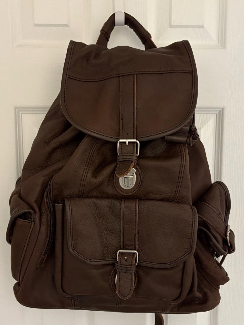 Unisex Dark Brown Leather Backpack with Front and Side Buckle Pocket